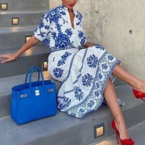 XS - Zara Blue and White Linen Tiered Skirt